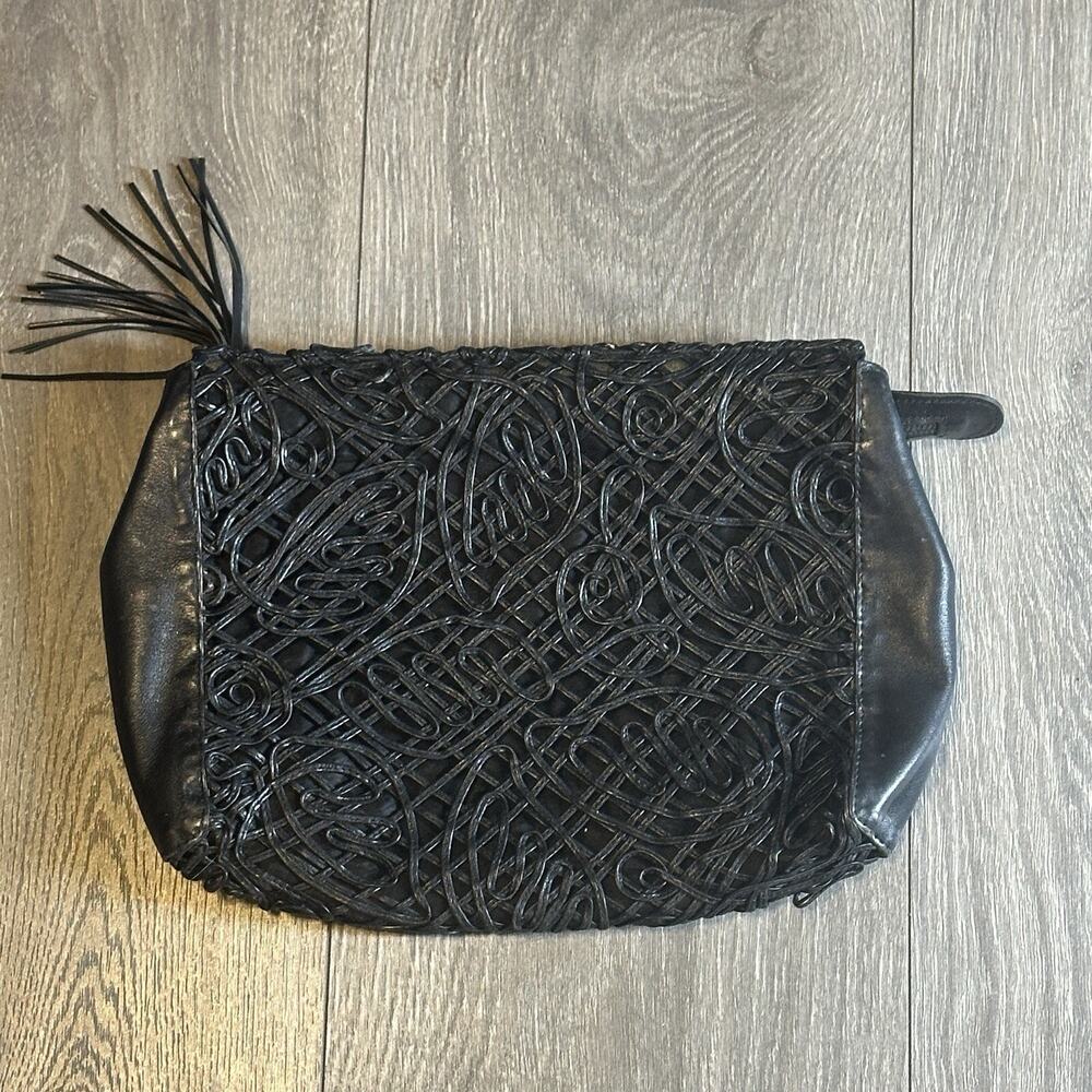 Vintage Black Leather Handbag Abstract Weave Pull Out Lining Purse Pouch Bag